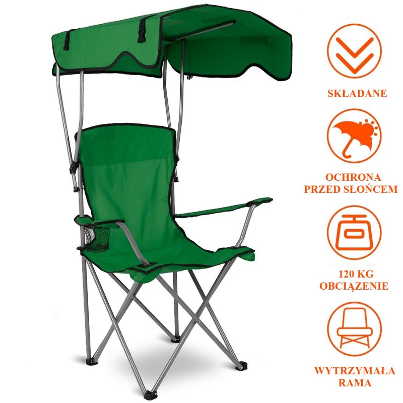 Składane krzesło turystyczne, wędkarskie z daszkiem KRT07ZIE - obrazek 2