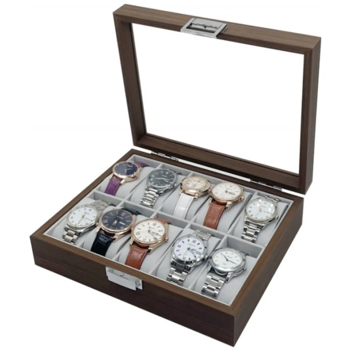 Szkatułka na 10 zegarków, etui, organizer zamykany ze szkłem 26x21cm PDMDF05 - obrazek 3