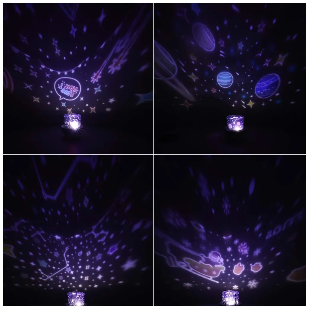 Lampka nocna LED USB projektor gwiazd obrotowa z 6 motywami i pilotem jelonek - obrazek 11