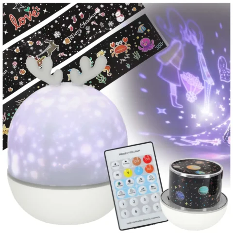Lampka nocna projektor gwiazd LED USB obrotowy 6 motywów pilot jelonek