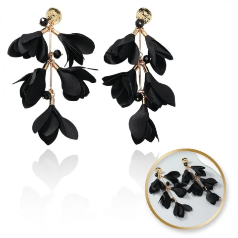 Kolczyki wiszące, efektowne tiulowe kwiat, czarne K1706
