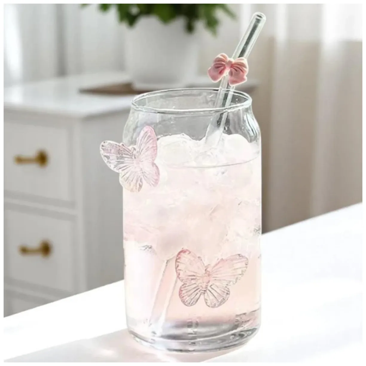 Szklanka wysoka ze słomką, MOTYLKI róż 500 ml, 1 szt- SZK163 - obrazek 2