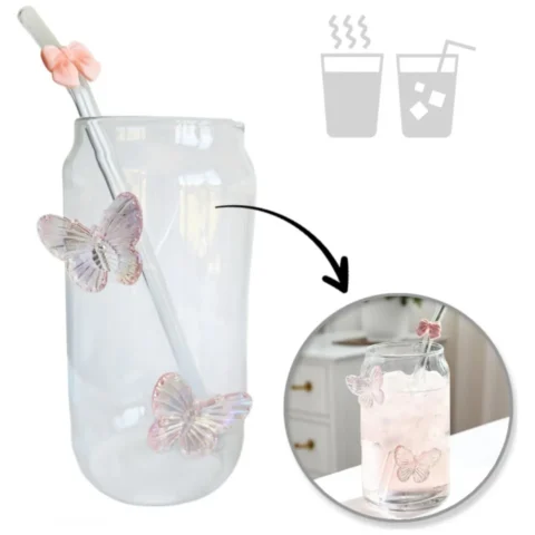 Szklanka wysoka ze słomką, MOTYLKI róż 500 ml, 1 szt- SZK163