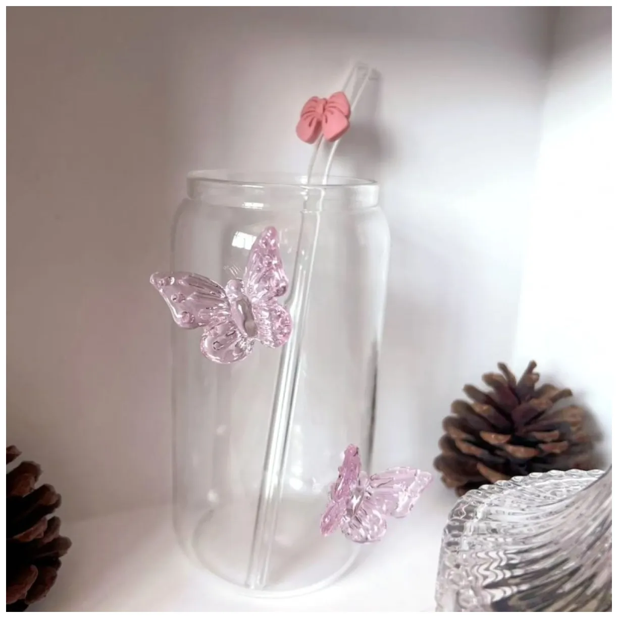 Szklanka wysoka ze słomką, MOTYLKI róż 500 ml, 1 szt- SZK163 - obrazek 6