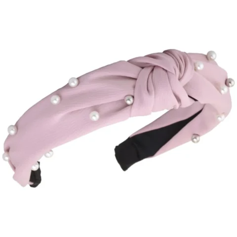 Opaska turban z materiału gruba jasny róż perełki O227RR