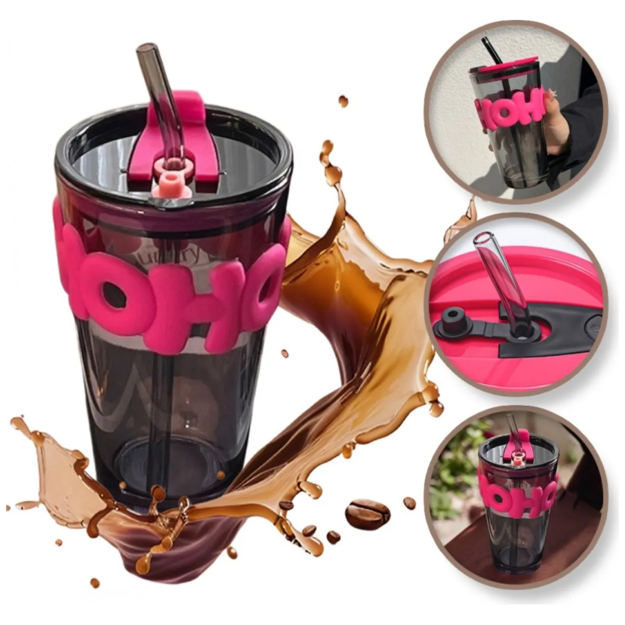 Kubek z kolorowego szkła na Kawę Herbatę ze słomką i zamknięciem 400 ML CUP14