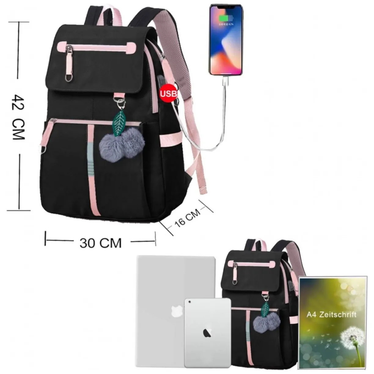 Pojemny plecak szkolny USB Oxford 37L czarny z brelokiem i wyjściem na słuchawki - obrazek 4