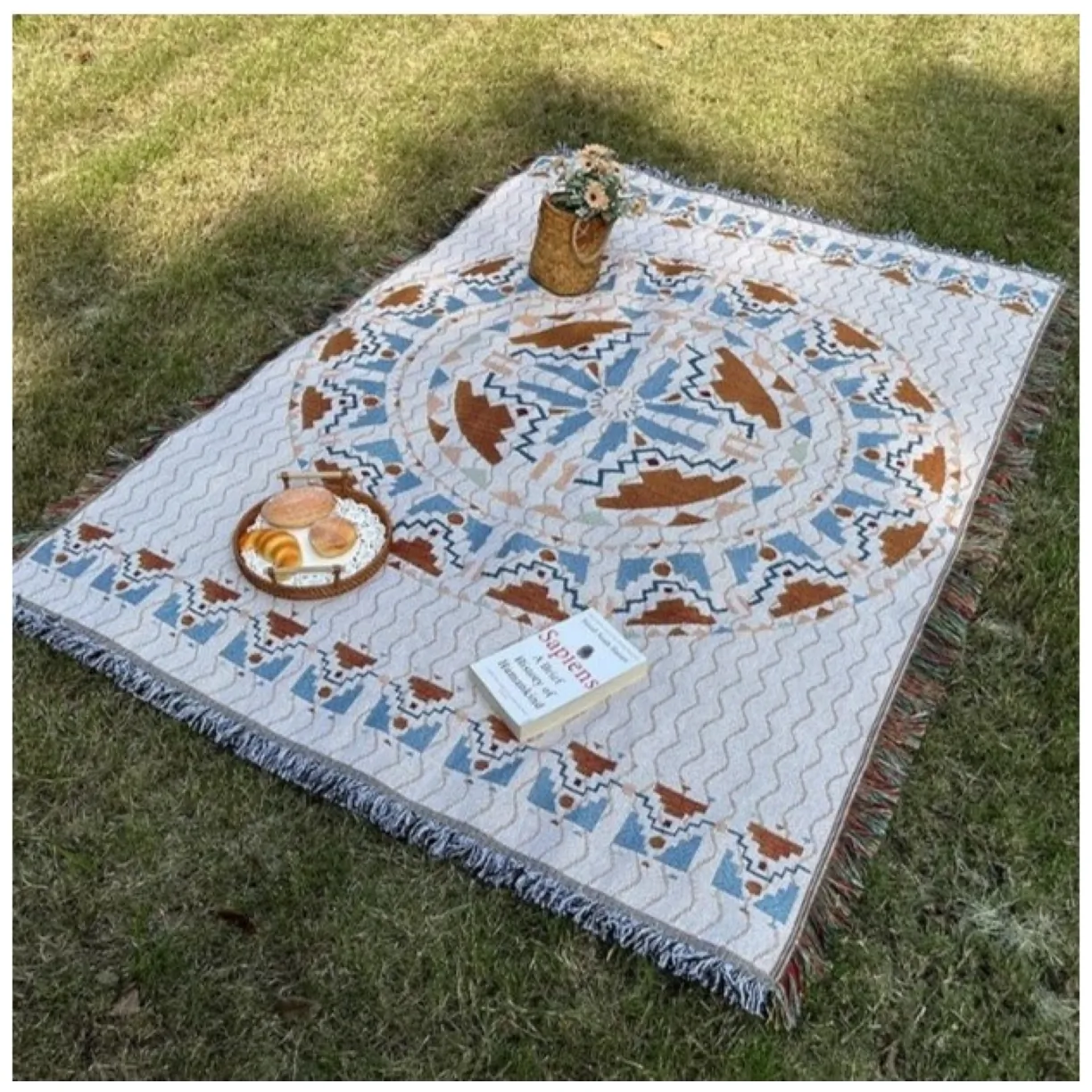 Koc BOHO pleciony, narzuta dwustronny frędzle 130x180cm KOC15WZ3 - obrazek 2