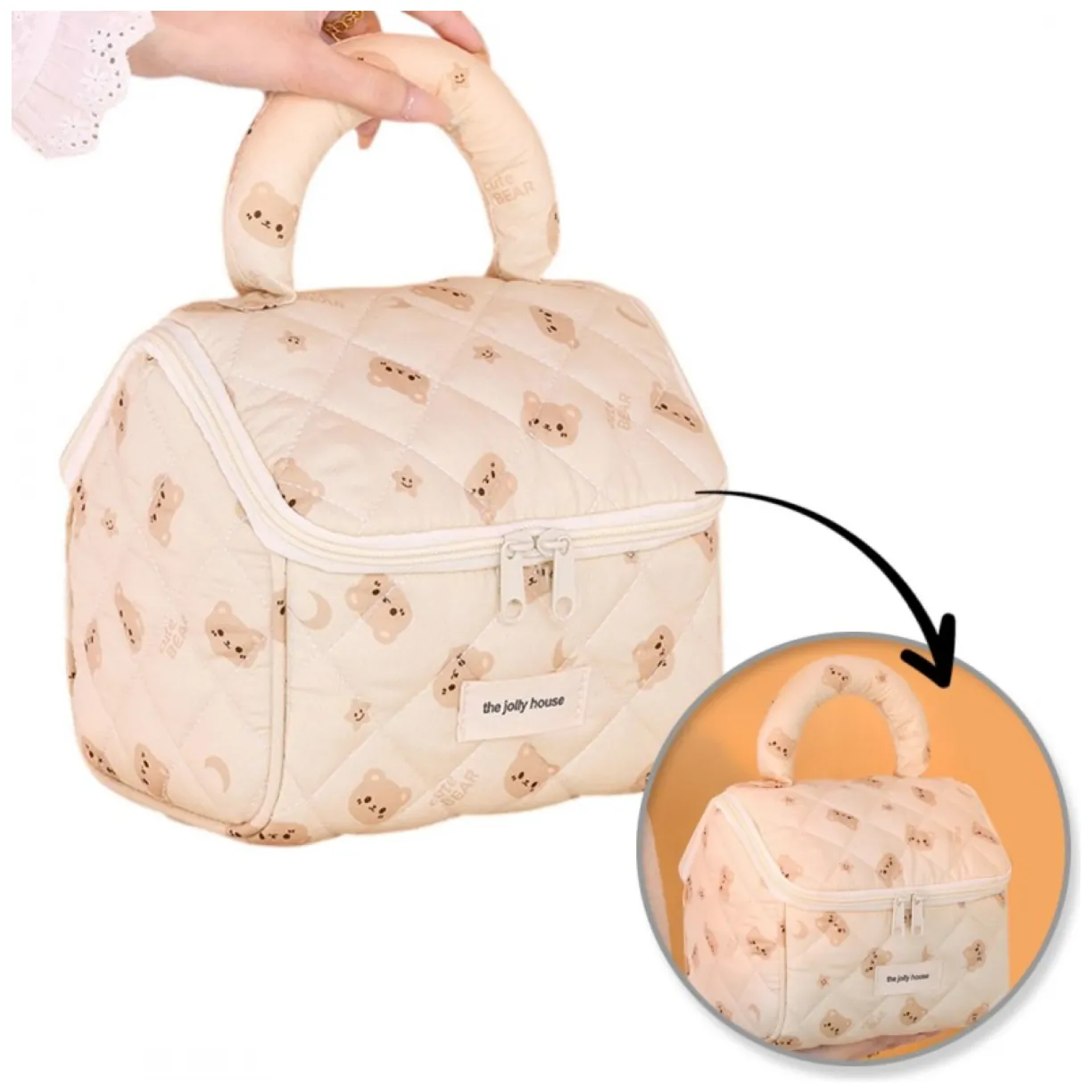 Elegancka pikowana kosmetyczka kuferek z rączką, wodoodporna, 21x15x16 cm