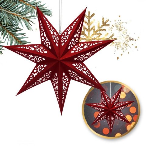 DUŻA GWIAZDA PAPIEROWA ŚWIĄTECZNA AŻUROWA welurowa bordowa 35 cm WITRAŻ 3D WG18