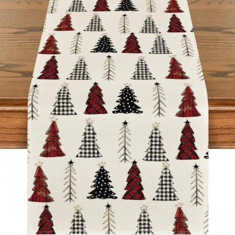 Lniany bieżnik na stół bożonarodzeniowy, czerwone choinki 180 x 33cm BZK08
