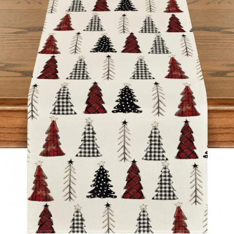 Lniany bieżnik na stół bożonarodzeniowy, czerwone choinki 180 x 33cm BZK08