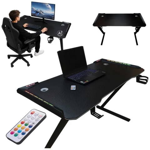 Biurko gamingowe LED podświetlenie RGB uchwyty komputerowe dla gracza 120x60cm