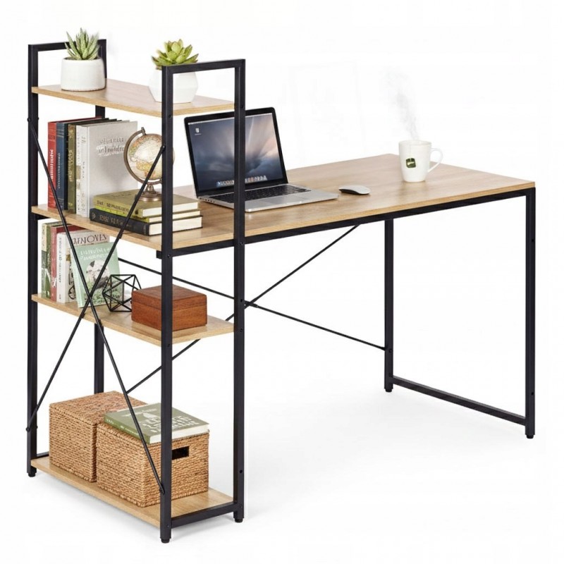 Loftowe biurko komputerowe z regałem, półkami, 120 x 60cm, czarne, blat jasny brąz STL24JBR - obrazek 3