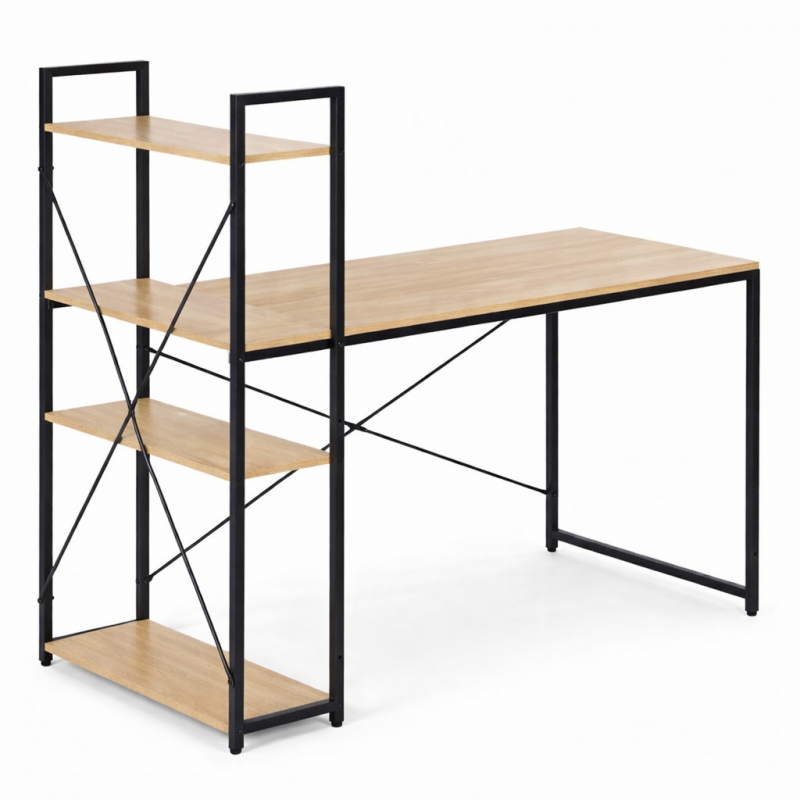 Loftowe biurko komputerowe z regałem, półkami, 120 x 60cm, czarne, blat jasny brąz STL24JBR - obrazek 4