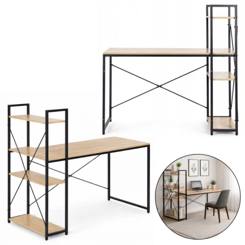 Loftowe biurko komputerowe z regałem, półkami, 120 x 60cm, czarne, blat jasny brąz STL24JBR