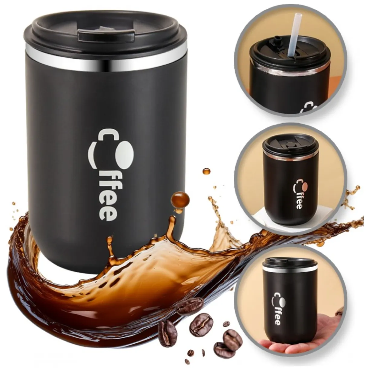 DUŻY POJEMNY KUBEK TERMICZNY ze słomką 500 ml TERMOS zamykany COFFE CUP07WZ3