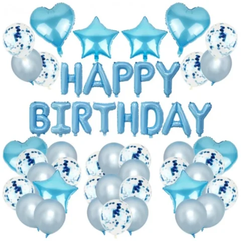 Zestaw Balonów HAPPY BIRTHDAY, niebieskie srebrne 50szt BLN04