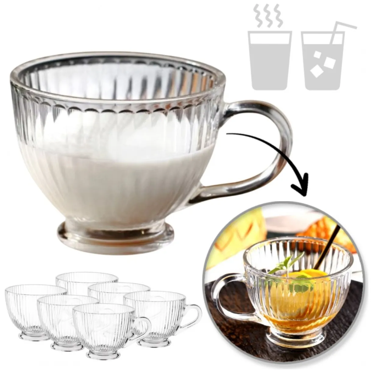 Zestaw 6szt. filiżanek szklanek ryflowanych dużych 380ml SZK150ZESTAW6