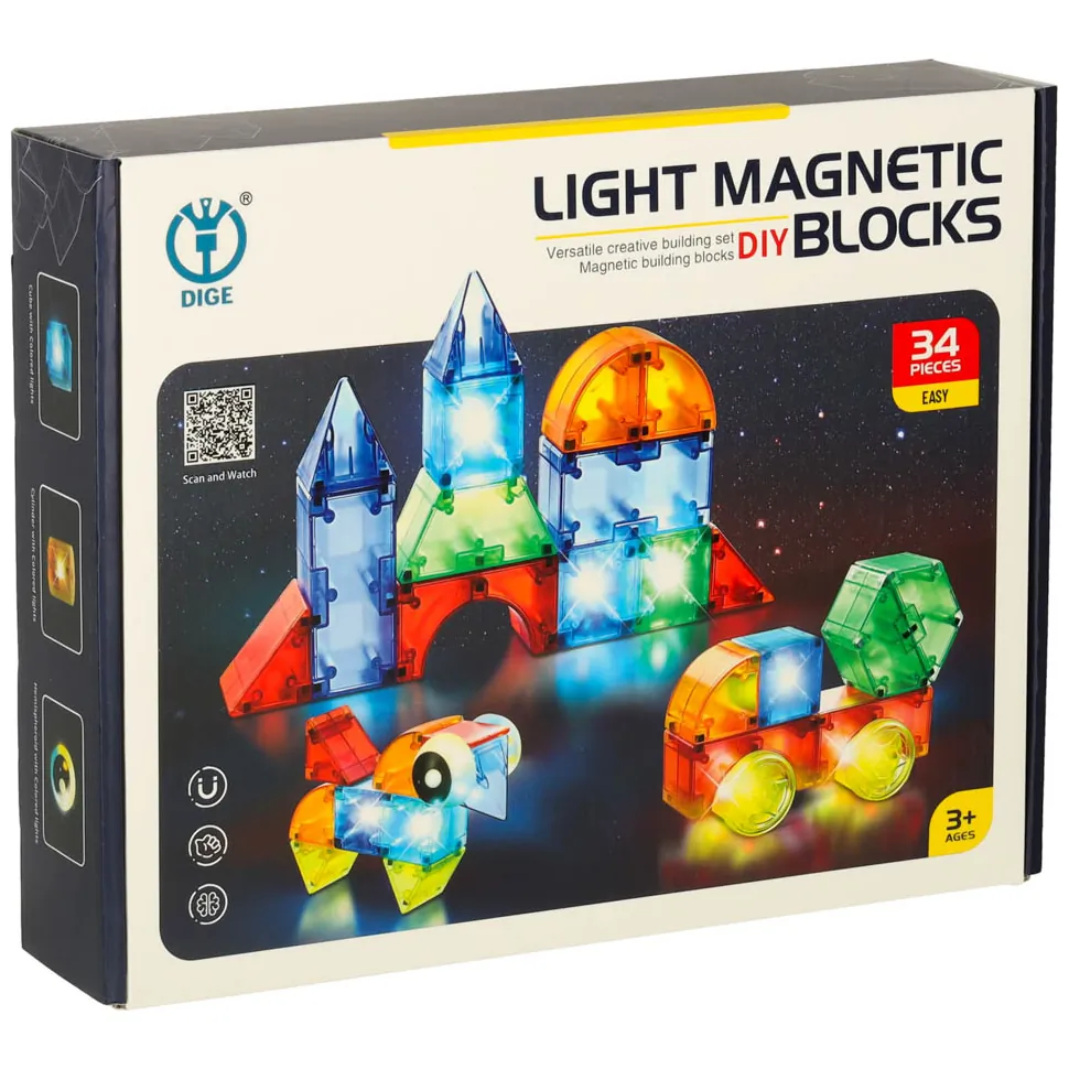 Świecące klocki magnetyczne 32el - konstrukcyjne STEM 3D figury - obrazek 11