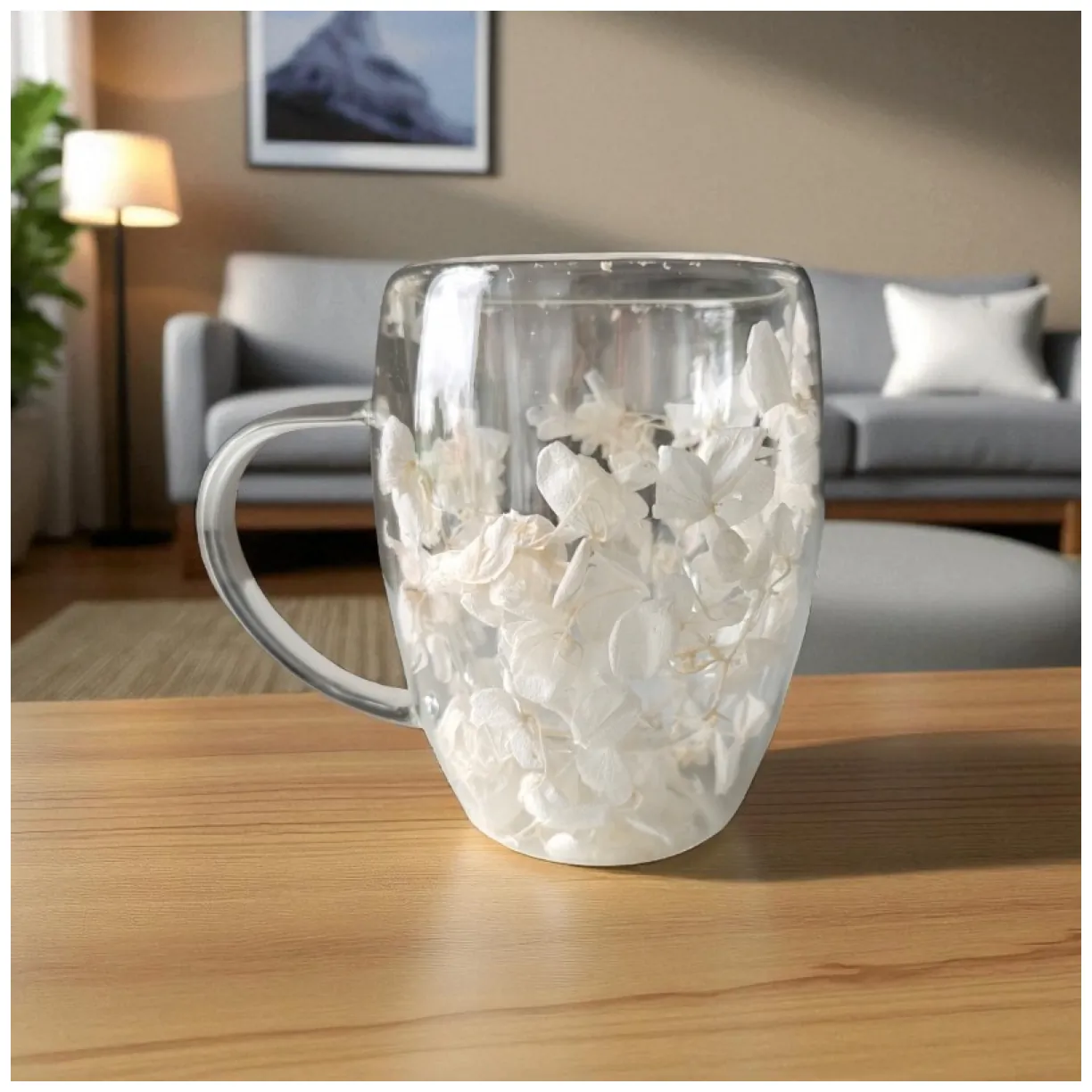Szklanka termiczna z białymi kwiatami w środku, hortensje 300ml 1szt - SZK185 - obrazek 2