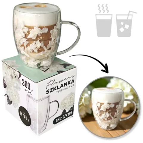 Szklanka termiczna z białymi kwiatami w środku, hortensje 300ml 1szt - SZK185