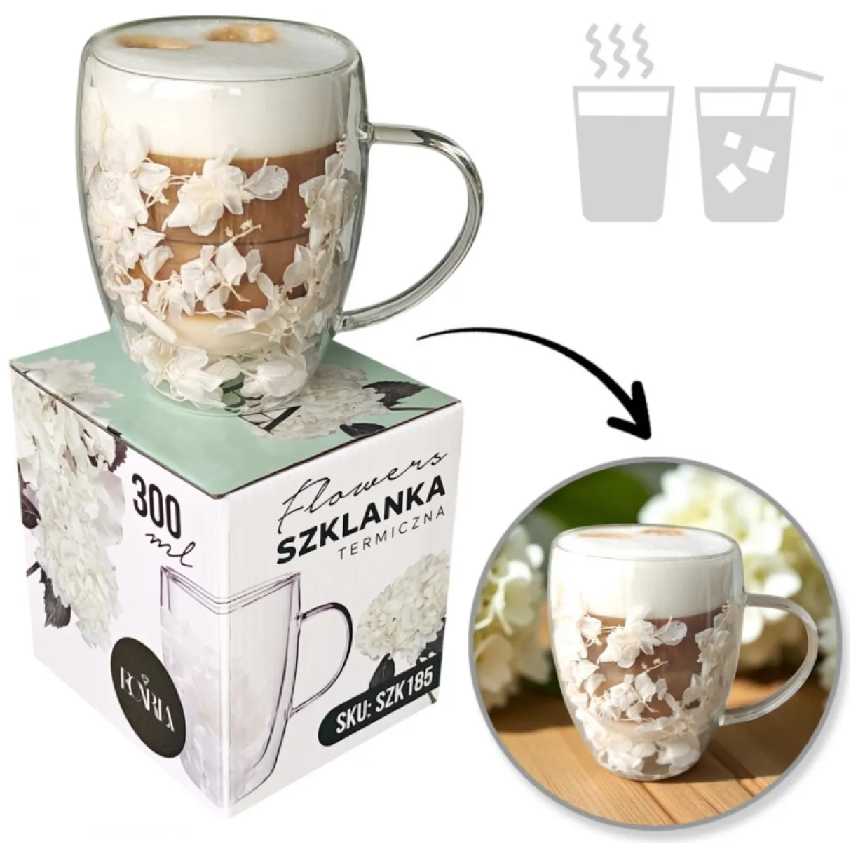 Szklanka termiczna z białymi kwiatami w środku, hortensje 300ml 1szt - SZK185