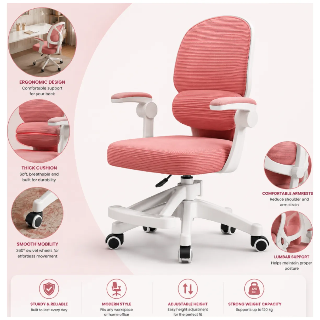 Fotel gamingowy, obrotowy do biurka dziecięcego KIDS LIGHT PINK - obrazek 5