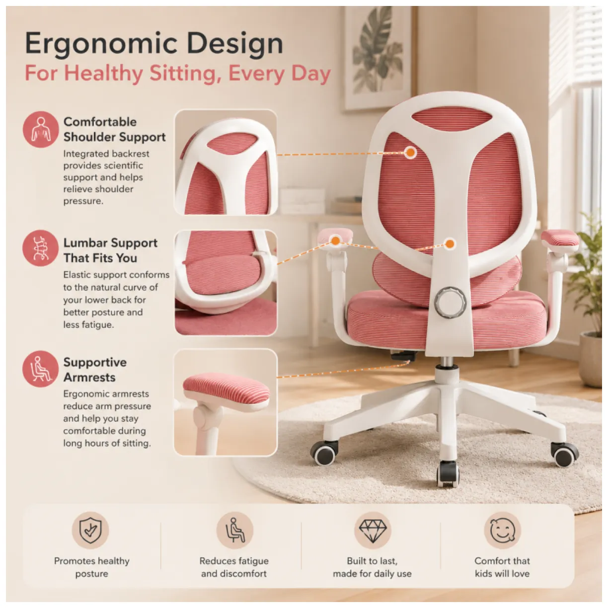 Fotel gamingowy, obrotowy do biurka dziecięcego KIDS LIGHT PINK - obrazek 6