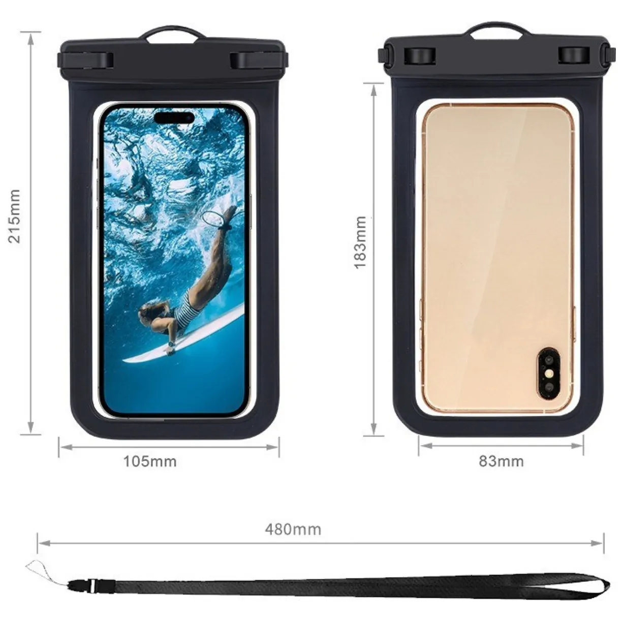 ETUI WODOODPORNE, wodoszczelny pokrowiec na telefon, ze smyczą, czarny CASE09 - obrazek 2