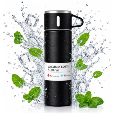 TERMOS turystyczny z kubkiem, szczelny, stal nierdzewna czarny 500ml