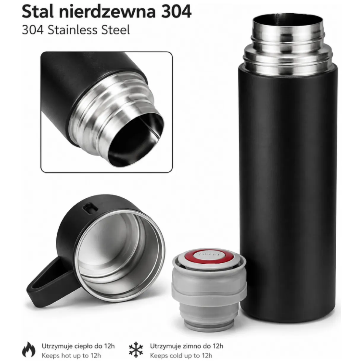 TERMOS turystyczny z kubkiem, szczelny, stal nierdzewna czarny 500ml - obrazek 8