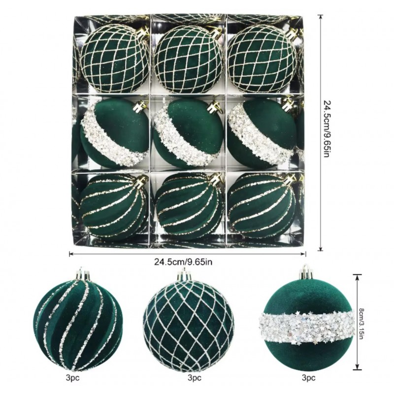 Komplet bombek 9 szt. w opakowaniu, welurowe zielone, 8cm, bombki na choinkę BSN68 - obrazek 3