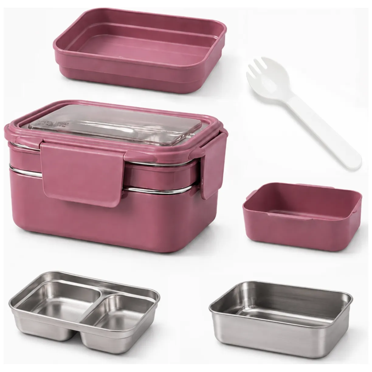 Śniadaniówka LUNCH BOX z widelcem, stal nierdzewna, 2 poziomy, ciemny róż PJM50CR - obrazek 2
