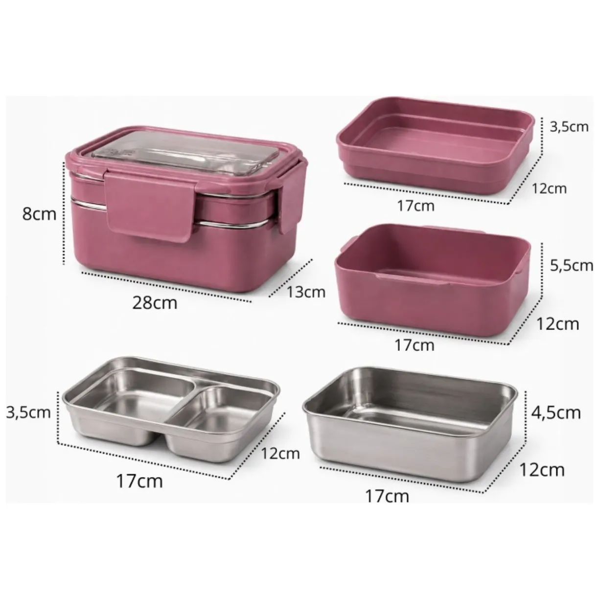 Śniadaniówka LUNCH BOX z widelcem, stal nierdzewna, 2 poziomy, ciemny róż PJM50CR - obrazek 4