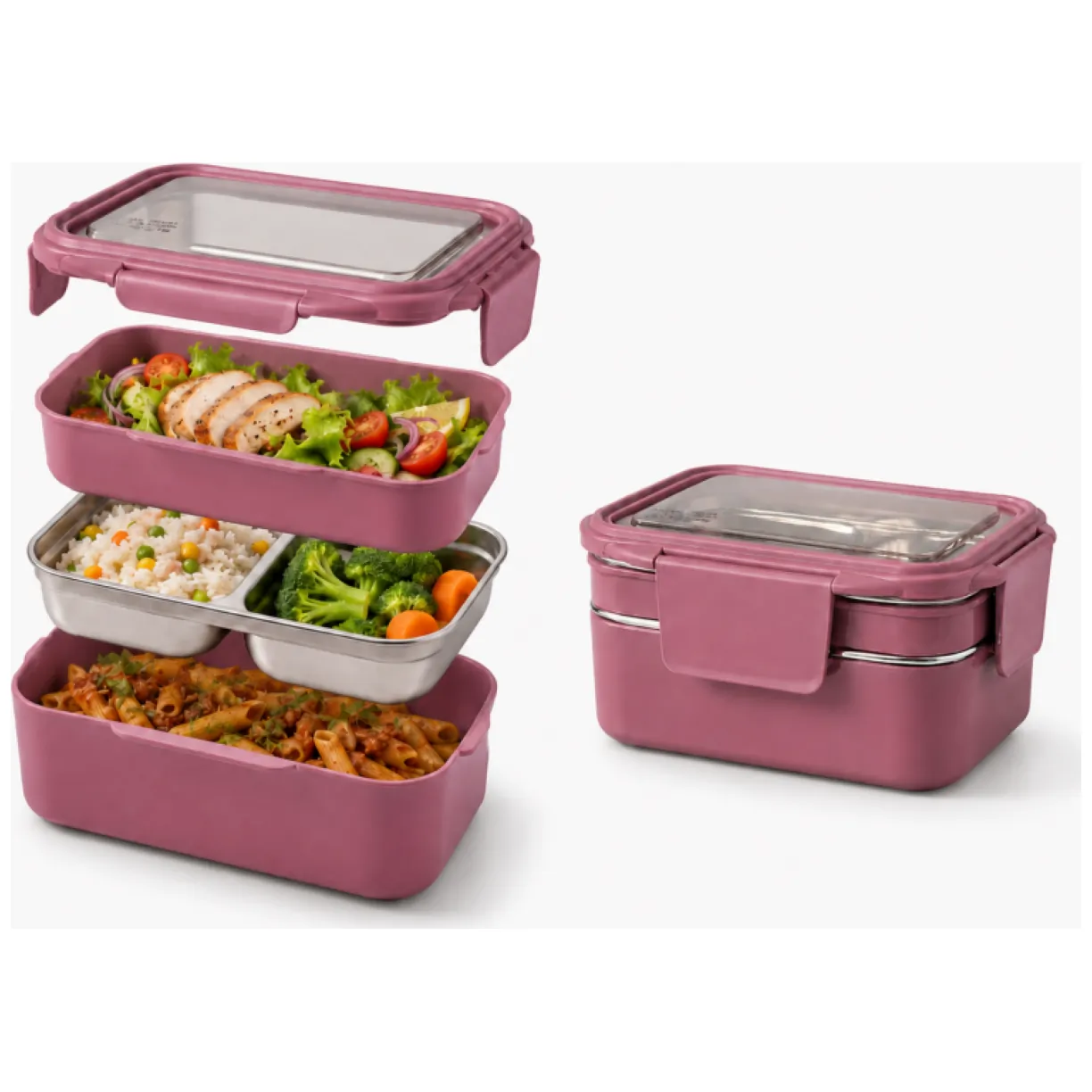 Śniadaniówka LUNCH BOX z widelcem, stal nierdzewna, 2 poziomy, ciemny róż PJM50CR - obrazek 5