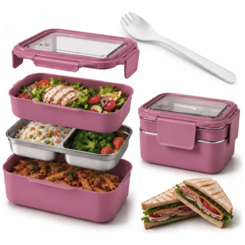 Śniadaniówka LUNCH BOX z widelcem, stal nierdzewna, 2 poziomy, ciemny róż PJM50CR