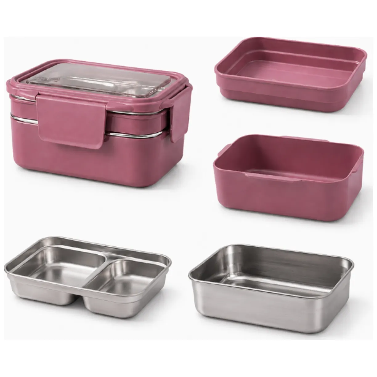 Śniadaniówka LUNCH BOX z widelcem, stal nierdzewna, 2 poziomy, ciemny róż PJM50CR - obrazek 9