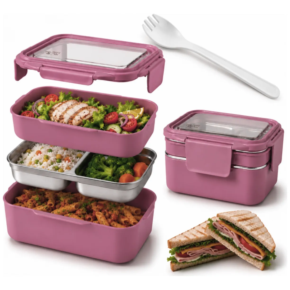 Śniadaniówka LUNCH BOX z widelcem, stal nierdzewna, 2 poziomy, ciemny róż PJM50CR