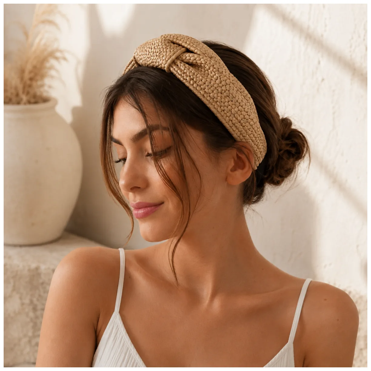 Opaska do włosów, turban BOHO wiklinowa pleciona, kremowa, brązowa - obrazek 2