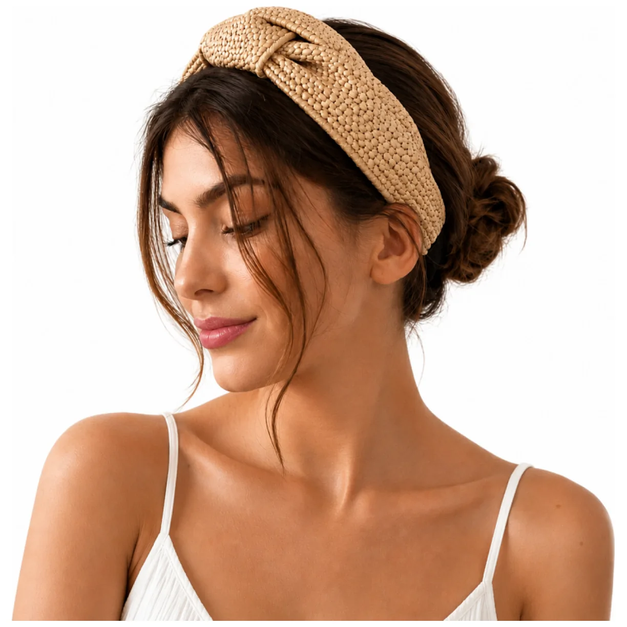 Opaska do włosów, turban BOHO wiklinowa pleciona, kremowa, brązowa - obrazek 3