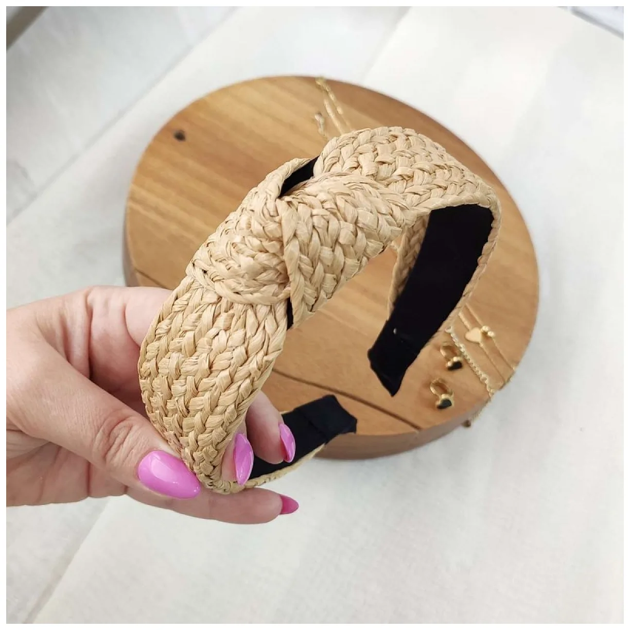 Opaska do włosów, turban BOHO wiklinowa pleciona, kremowa, brązowa - obrazek 4