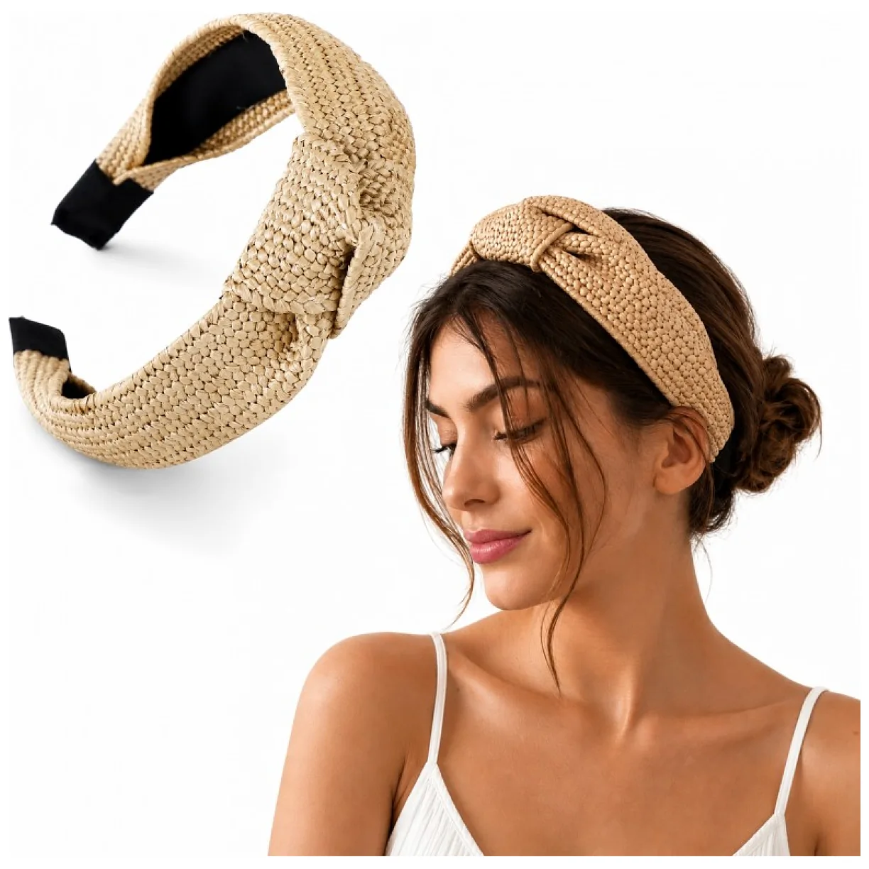 Opaska do włosów, turban BOHO wiklinowa pleciona, kremowa, brązowa