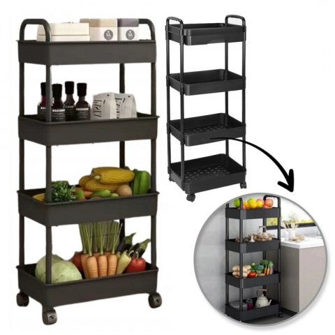 Regał, szafka mobilna na kółkach 4 poziomy czarna 36x24x84cm SZ41