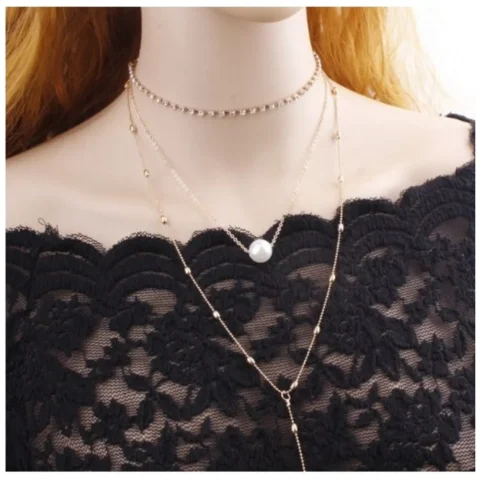 NASZYJNIK CHOKER TRZYCZĘŚCIOWY Z PEREŁKĄ I KRYSZTAŁKAMI N546