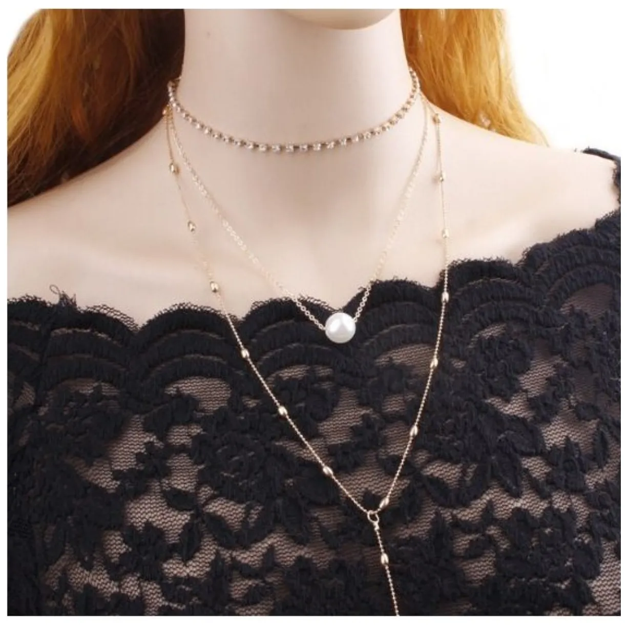 NASZYJNIK CHOKER TRZYCZĘŚCIOWY Z PEREŁKĄ I KRYSZTAŁKAMI N546 - obrazek 6