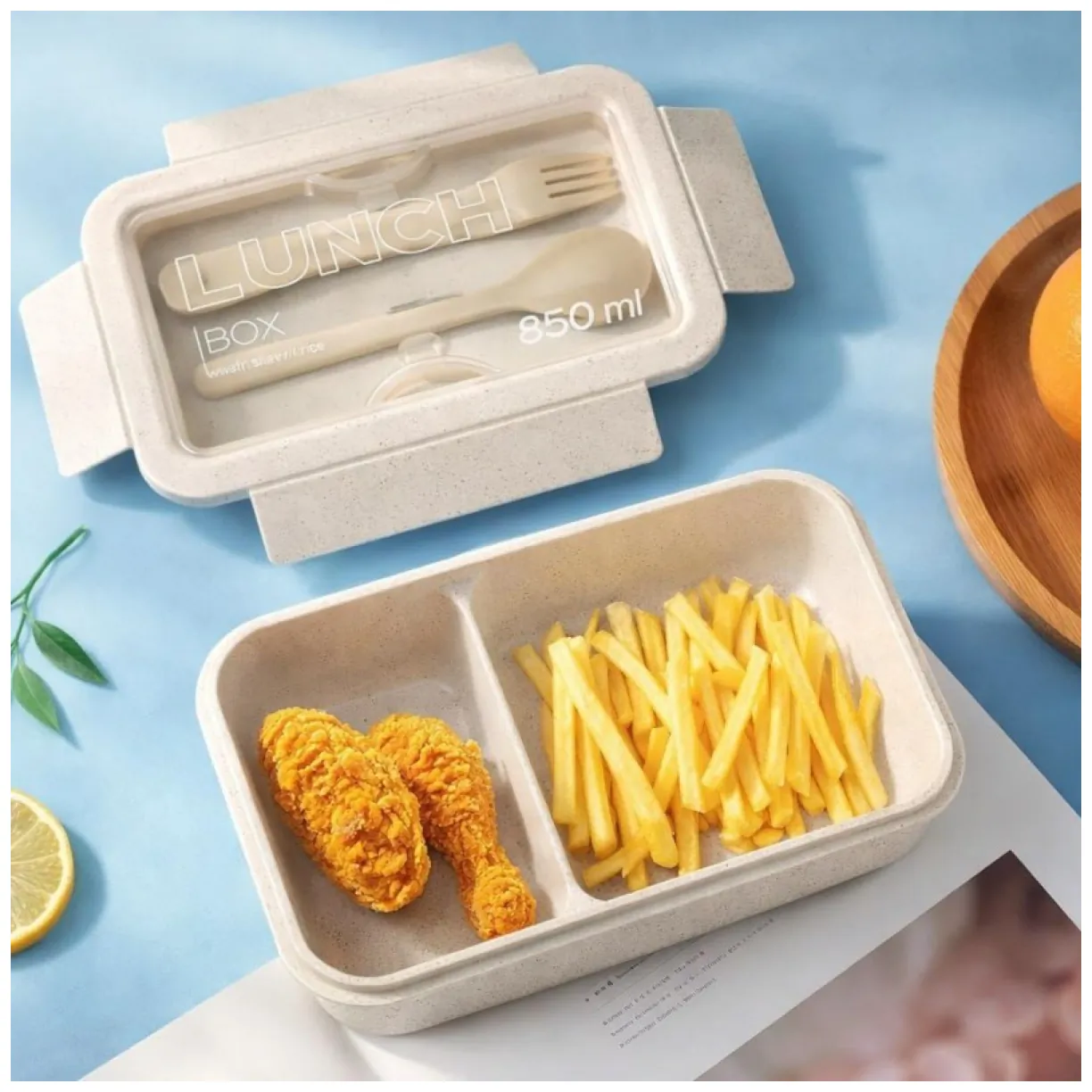 Lunch box, śniadaniówka ze sztućcami beżowy przegródki 850 ml PJM46 - obrazek 2