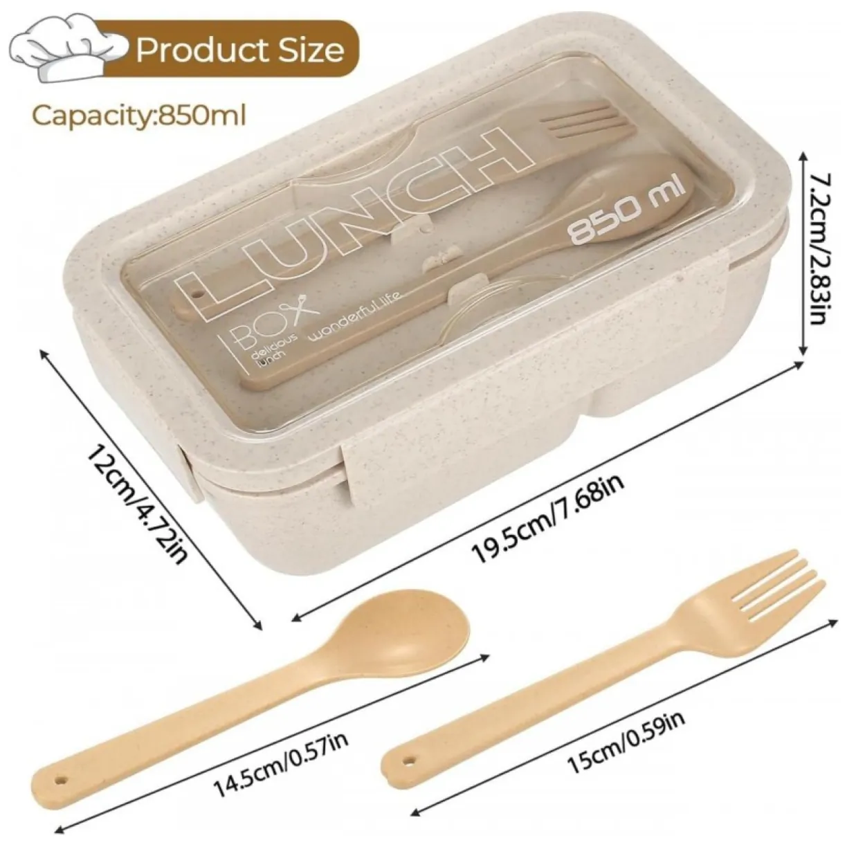 Lunch box, śniadaniówka ze sztućcami beżowy przegródki 850 ml PJM46 - obrazek 3