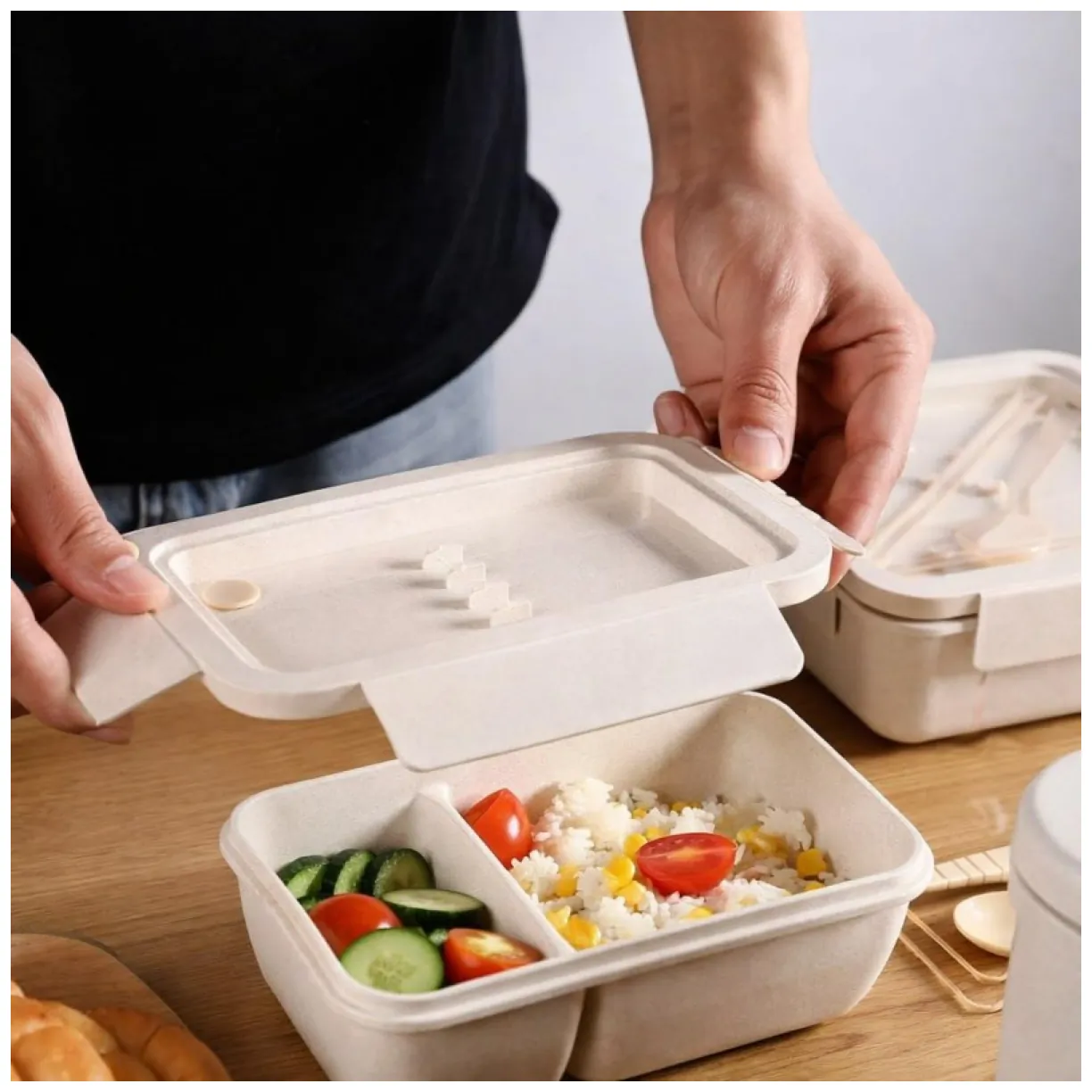 Lunch box, śniadaniówka ze sztućcami beżowy przegródki 850 ml PJM46 - obrazek 4