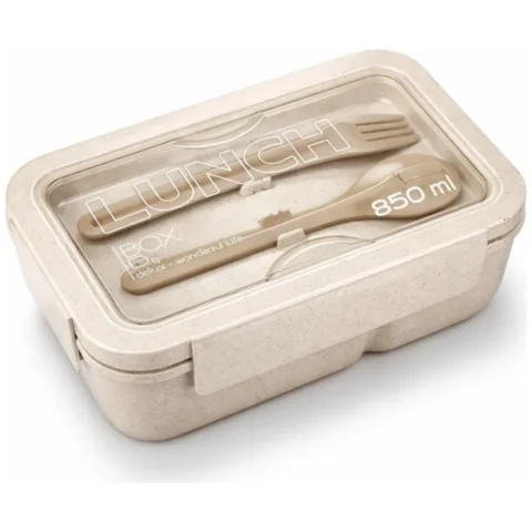Lunch box, śniadaniówka ze sztućcami beżowy przegródki 850 ml PJM46